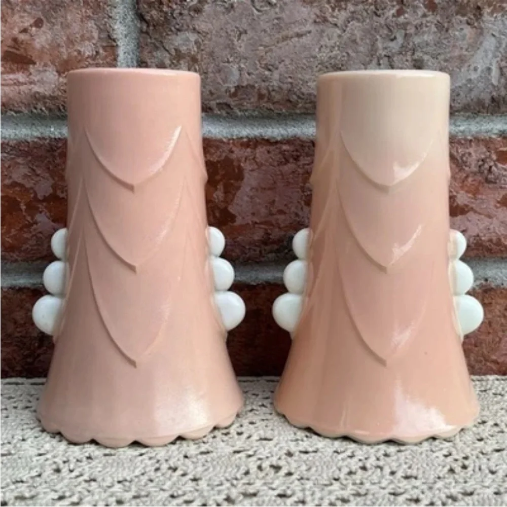Vintage Anchor Hocking Fired On Pink Vitrock Scalloped Art Deco Style Vases